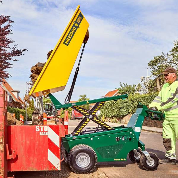Verhuur minidumper van HG Machines model E1000 High Tip voordelig bij Vrijdag Trading